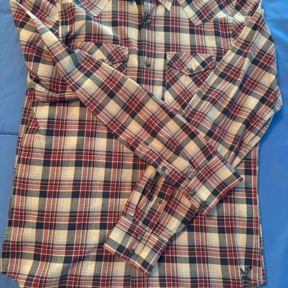 American Eagle Men's tan-black-red Plaid Long-sleeve, buttoned Shirt, size XS/TP - Picture 5 of 8